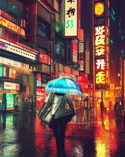 Image similar to realist digital painting of a tokyo street, night with neon signs as the main source of light, raining and lights reflecting off puddles on the street, a woman with an umbrella is walking away from us, unreal engine, hyper realism, realistic shading, cinematic composition, realistic render, octane render, detailed textures, photorealistic, ultrawide shot, 3 5 mm film