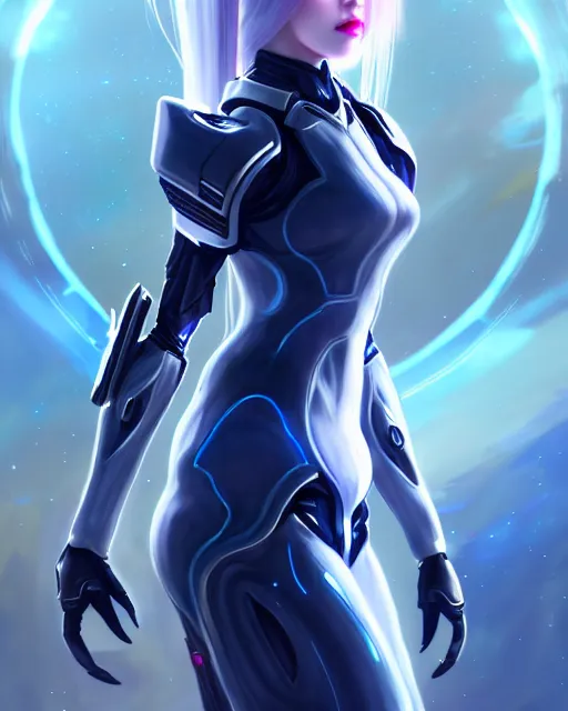 Image similar to perfect android girl family, full body character design, warframe armor, beautiful face, scifi, futuristic, galaxy, nebula, bae suzy, dreamy, long white hair!!!, blue eyes, bold fashion and strong silhouettes, cinematic lighting, highly detailed, artstation, divine, by huifeng huang, smooth gradient.