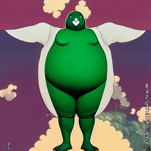 Image similar to masculine fat chonky pigeon in a green onepiece body suit, by Range Murata and Mucha