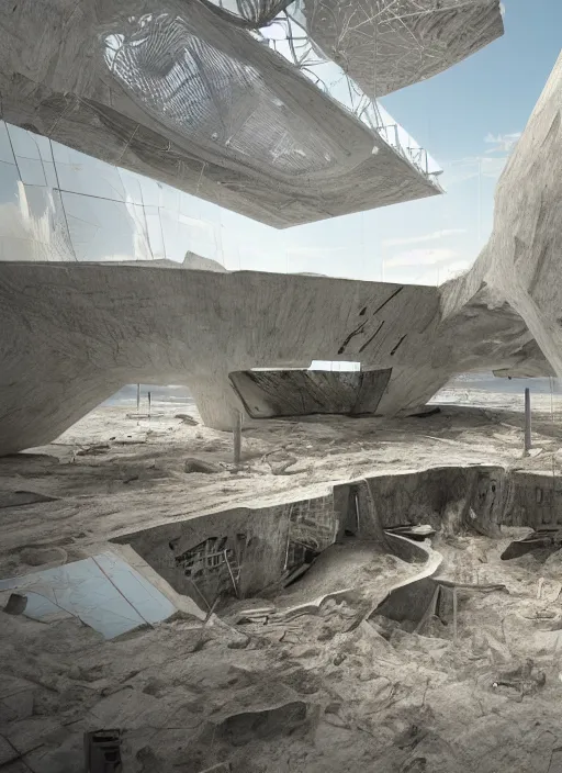 Image similar to virtual art exhibition, architecture installation in biennale venezia, bioremediation white mining tailing futuristic horizontal architecture, epic, cinematic, hyperealistic, high detailed, corona render, hdr, ray tracing