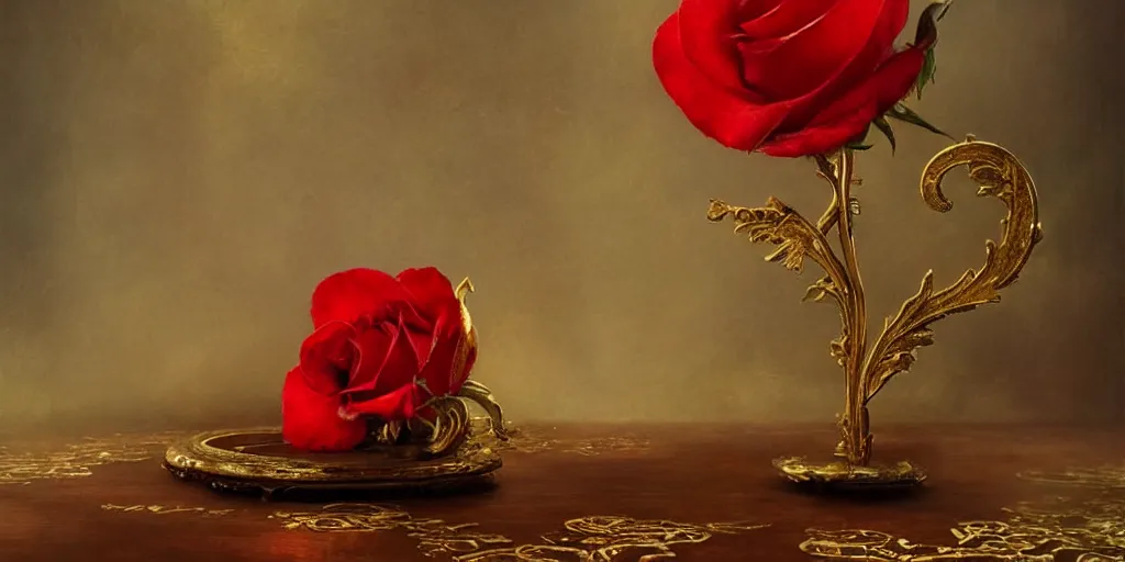 Prompt: a single red rose petal rests on a wooden table with delicate gold filigree, close up view, dramatic lighting, DOF, art nouveau, intricate artwork by Raymond Swanland and Ruan Jia