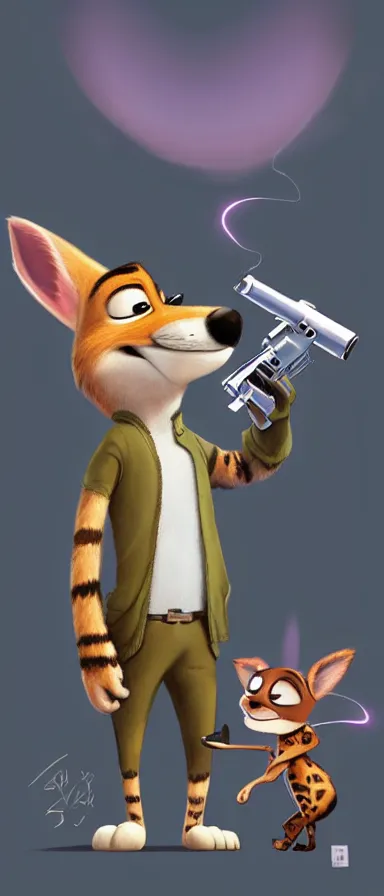 Image similar to “ animal character in the style of zootopia holding laser gun, floating alone, with a black dark background, digital art, award winning, trending on art station ”