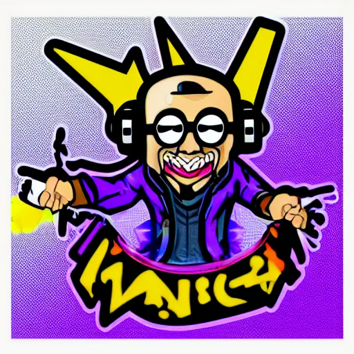 Image similar to svg vector sticker of absolutely insane-mad-scientist-villain, rocking out, wearing headphones, huge speakers, dancing, rave, DJ, spinning records, digital art, amazing composition, rule-of-thirds, award-winning, trending on artstation, featured on deviantart