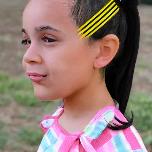 Prompt: girl with black hair in a ponytail and brown eyes, bigger forehead, photo, in a yellow striped dress