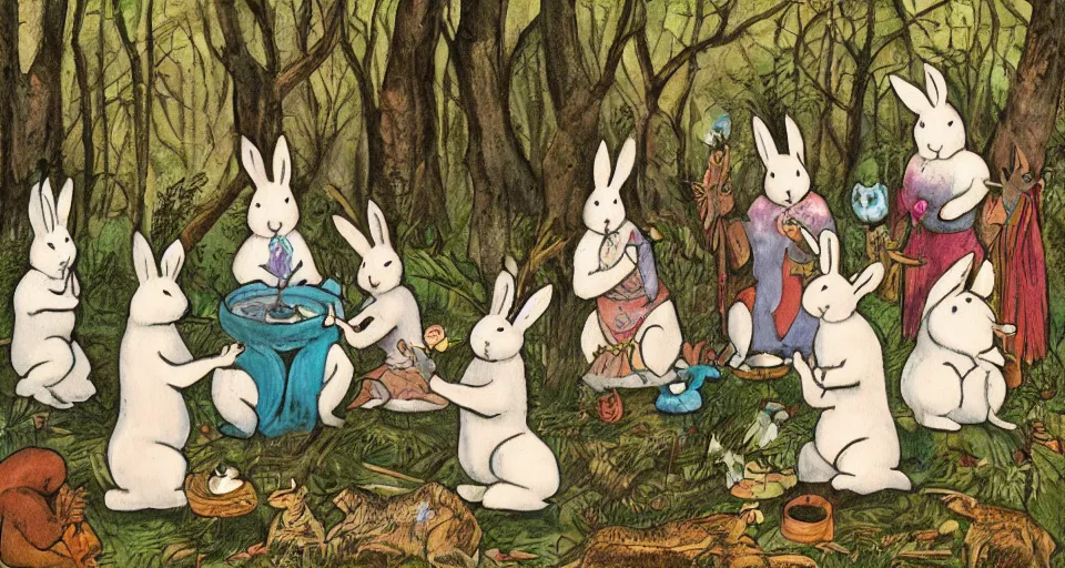 Image similar to A group of rabbits performing a shamanic ritual in a forest