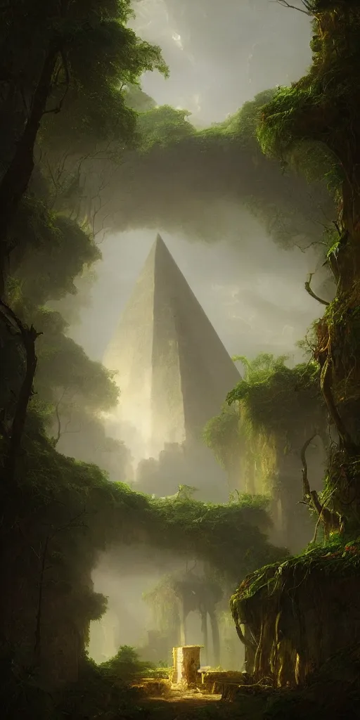 Image similar to ancient pyramid, overgrown undergrowth vegitation, dark volumentric ambient lighting, painting by thomas cole and greg rutkowski