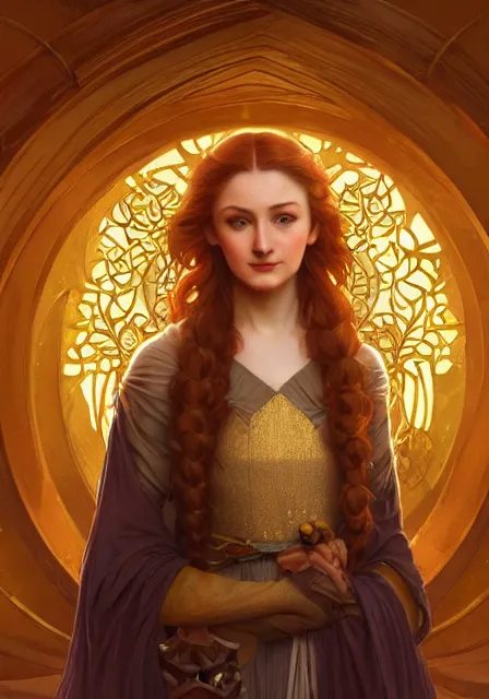 Prompt: sansa stark gold sunny lights, intricate, elegant, highly detailed, digital painting, artstation, concept art, smooth, sharp focus, illustration, art by artgerm and greg rutkowski and alphonse mucha and william - adolphe bouguereau