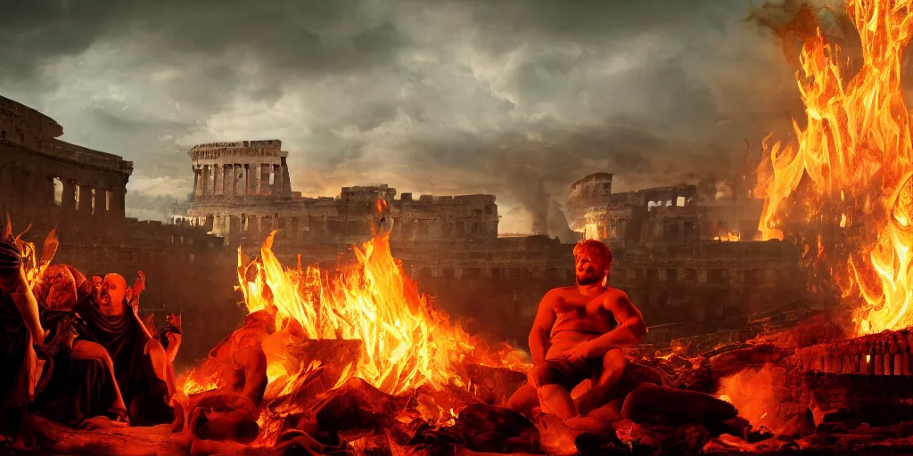 Image similar to Painting of Emperor Nero watching the great fire of rome, abstract, realism, 8k, detailed, terror, octane render, 3d render, complex emotion, glow