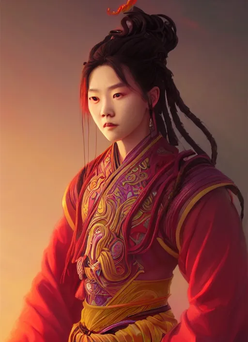 Prompt: a portrait of wonyoung as xianxia hero, vibrant color scheme, highly detailed, in the style of romanticism, cinematic, artstation, moebius, greg rutkowski