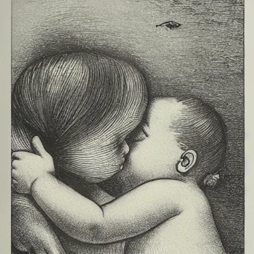 Image similar to the same style. the most beautiful little fat sweet girl is kissing a huge colorful cute fish. modern etching. colored print. hype realistic scene.