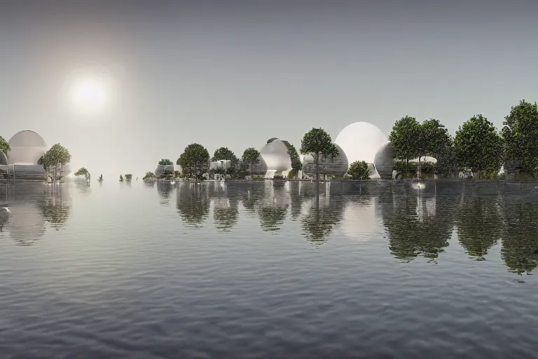 Image similar to many white round spherical buildings are crowded and combined to form a building on the calm lake, by pierre bernard, on the calm lake, people's perspective, future, interior wood, dusk, unreal engine highly rendered, global illumination, radial light, internal environment