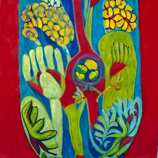 Prompt: a garden of hands outsider art tempera painting on vase