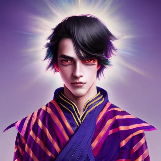 Image similar to colorful and festive captivating teenager boy with straight indigo hair, purple eyes with red eye markers, slim body, wearing a detailed japanese kimono with golden armor pieces. rich vivid colors, ambient lighting, dynamic lighting, 4 k, atmospheric lighting, painted, intricate, highly detailed by charlie bowater