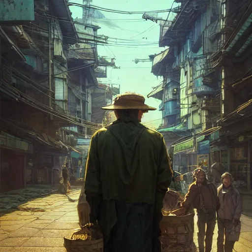 Image similar to A solarpunk very detailed farmer with highly detailed face on the street of a very highly detailed solarpunk city art by Greg Rutkowski, neofuturistic highly detailed, digital concept art, Dimensional cyan gold natural light, sharp focus, Golden Ratio illustration, realistic concept art by Stephen Hickman and James Gurney and Hiromasa Ogura Ghost in the Shell rendered in Octane Render