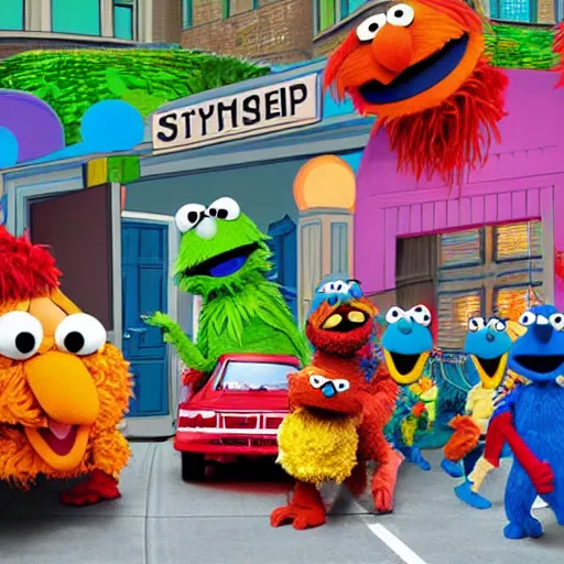 Image similar to wide angle shot of traffic on sesame street with muppets colorful cel shading, cookie monster, elmo, oscar the grouch