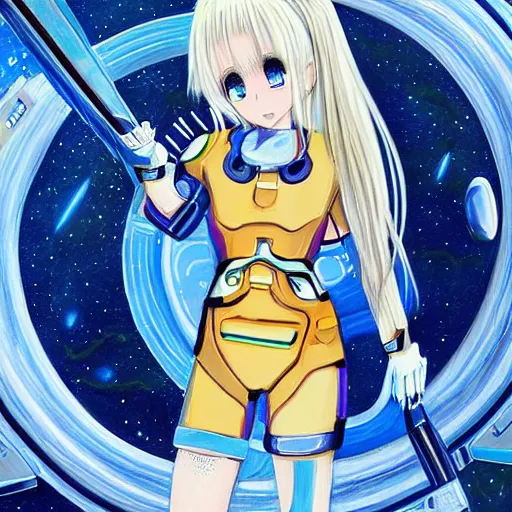 Prompt: blue-eyed blonde anime girl in futuristic space suit, Intricately detailed acrylic painting