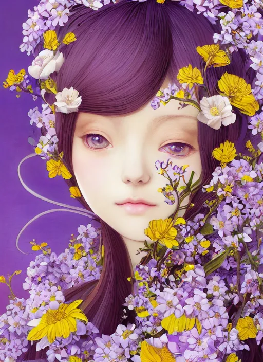 Image similar to elf girl wearing an flower suit, soft hair. light color palate, purple, yellow and white. detailed soft painting, ayami kojima, made in abyss, anatomically correct, ilya kuvshinov, inspired in balthus, high detailed face anime, vogue magazine, glorious composition, mobile wallpaper, safe