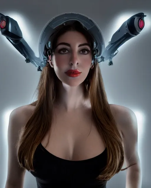 Image similar to centered portrait of flirtatious young sabrina salerno as a solarpunk mecha humanoid robotic parts and camera lens covers left eye with bright led lights, real human face, pudica pose bouguereau style, white room, ultra - realistic and intricate, soft portrait shot 8 k