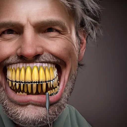 Prompt: dentist portrait of a dentist with large, giant teeth, rotten teeth, yellow, broken, cavities, moldy by Mark Brooks and WLOP