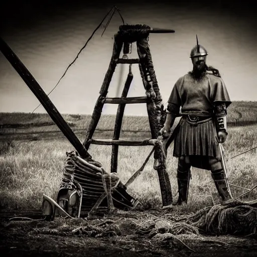 Image similar to wise angle photo of viking in armor working on the mechanical ancient device, tools and junk on the ground,wires and lights, old village in the distance, vintage old photo, black and white, sepia