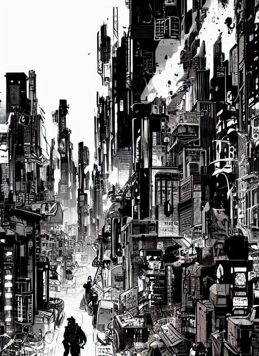 Image similar to cyberpunk city street, mike mignola style, comics, beautiful composition, wide angle, cinematic, volumetric lighting, intricate details