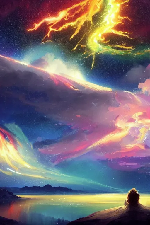 Image similar to A beautiful illustration of a >a colorful galactice galaxy colored Ecru, art by J.M.W. Turner< in the distance landscape surrounded by a lake, hills, blue sky with big clouds by greg rutkowski,TOMOKAZU MATSUYAMA, TOMOKAZU MATSUYAMA and thomas cole, graphic art, anime culture,featured on behance, digital art wallpapers