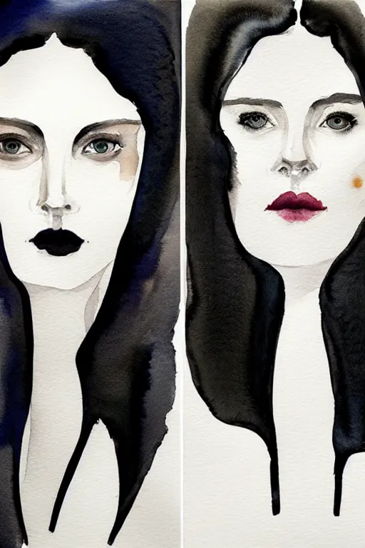 Image similar to beautiful face woman, symmetrical, grey, colorless and silent, watercolor portraits by Luke Rueda Studios and David downton