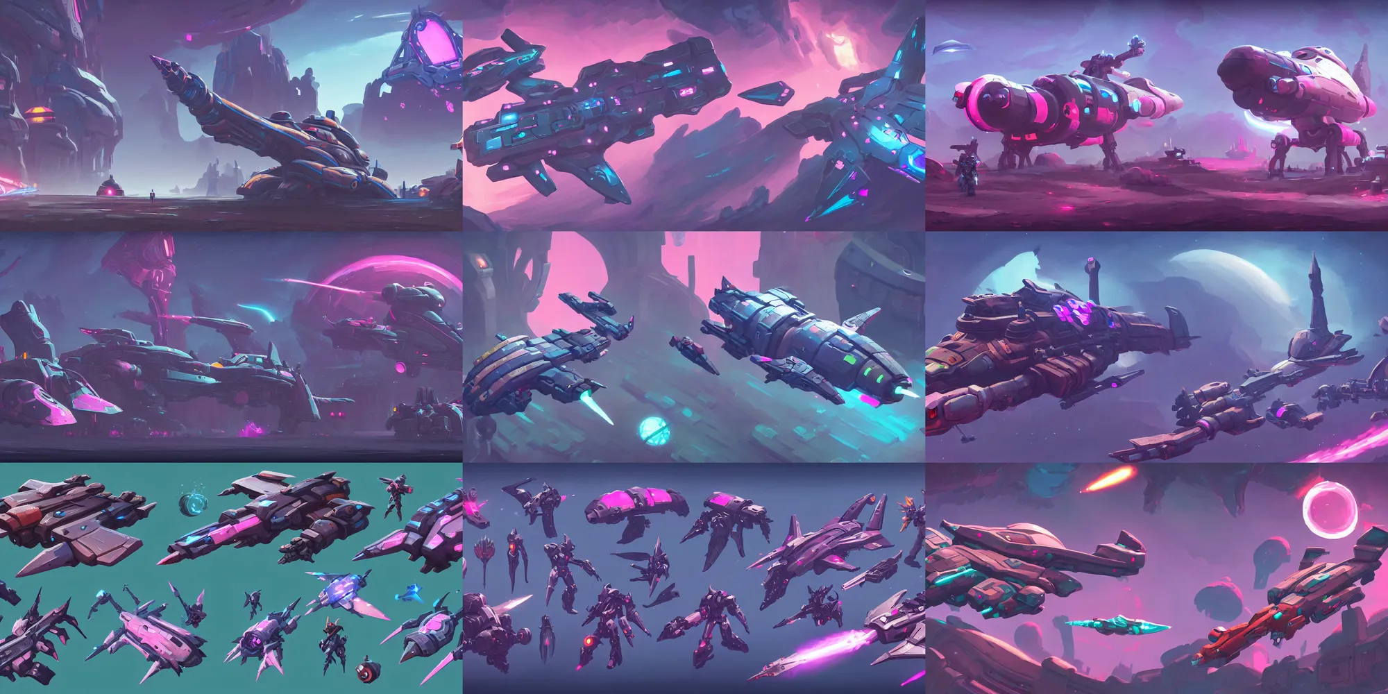 Prompt: game asset of spaceship and vehicles dark fantasy, in gouache detailed paintings, props, stylized, 2 d sprites, kitbash, arcane, overwatch, blue and pink color scheme, 8 k, close up