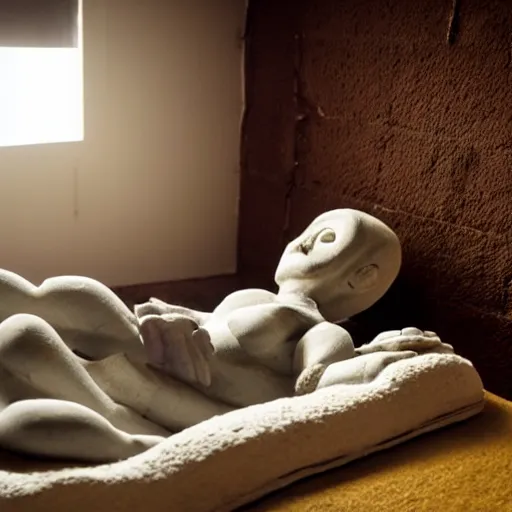 Prompt: mummy rising from a bed in a dark room