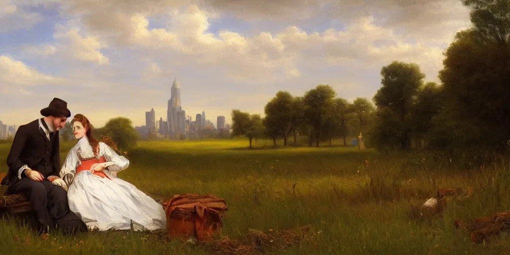 Prompt: a small couple in victorian formal attire sitting in grass beneath a skyline of huge buildings, painting in the style of hudson river school, 4 k