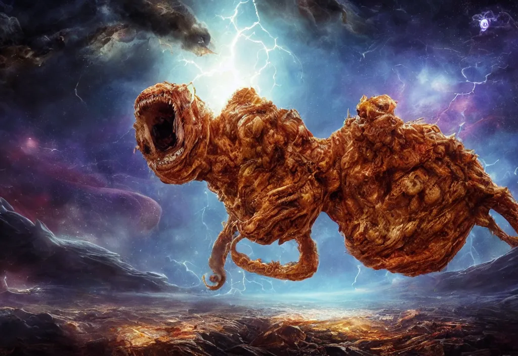 Image similar to eldritch horror bloody garfield in space, hd, 8 k, giant, epic, realistic photo, unreal engine, stars, prophecy, powerful, cinematic lighting, destroyed planet, debris, violent, sinister, ray tracing, dynamic, epic composition, dark, horrific, teeth, grotesque, monochrome drawing, hellscape, death, corpses, foreboding, lightning