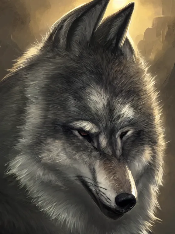 Image similar to 3/4 headshot of cute anthro wolf man, handsome, fantasy, intricate, long muzzle, wolf ears, fursona, black fur, elegant, highly detailed, digital painting, artstation, concept art, smooth, sharp focus, illustration, art by artgerm and greg rutkowski and alphonse mucha bright Maldives beach in background