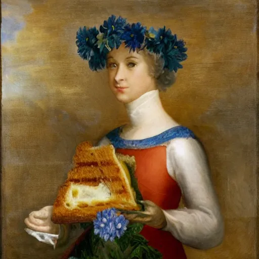 Prompt: a milanese with jam and a blue flower