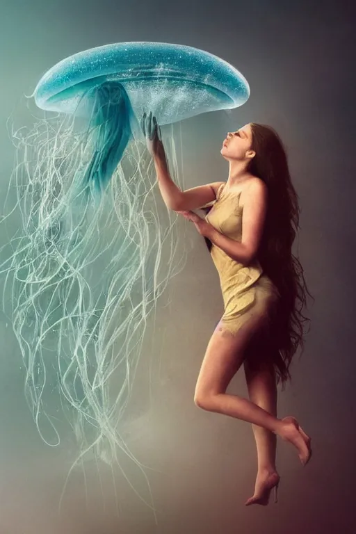 Image similar to A beautiful woman merged with a jellyfish, concept art, atmospheric, photography, magical atmosphere