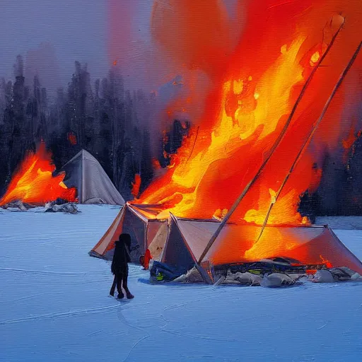 Image similar to a camp with tents on fire, burning down, shadows of 3 girls watching the camp burn, snow, painted by Sylvain Sarrailh