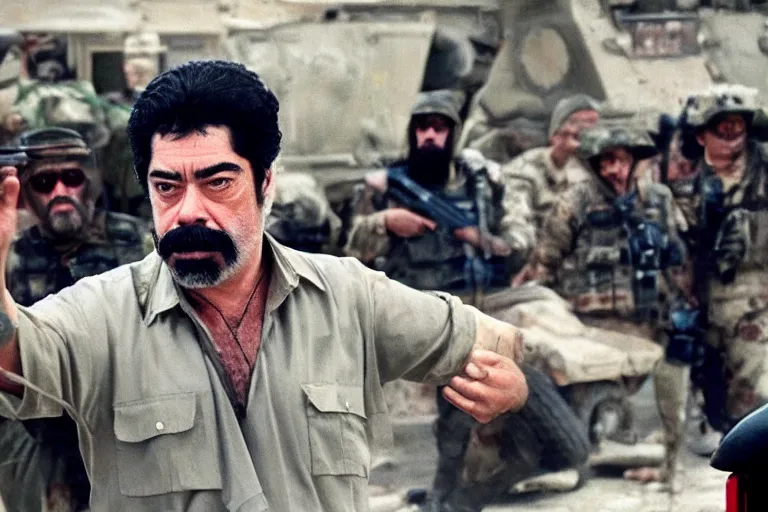 Image similar to Benicio Del Toro as Saddam Hussein in 'SadDamn Hussling 2' (2024), movie still frame, promotional image, imax 70 mm footage, oscar nominated cinematography, volumetric lighting, 8k resolution