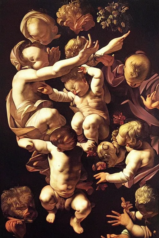 Image similar to beautifully detailed baroque oil painting of the book of life and death surrounded by cherubs by caravaggio