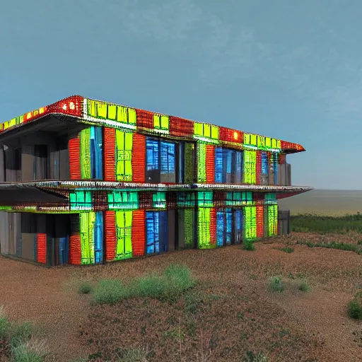 Prompt: cybernetic futuristic ndebele homestead seen from the front, highly detailed, octane rendered