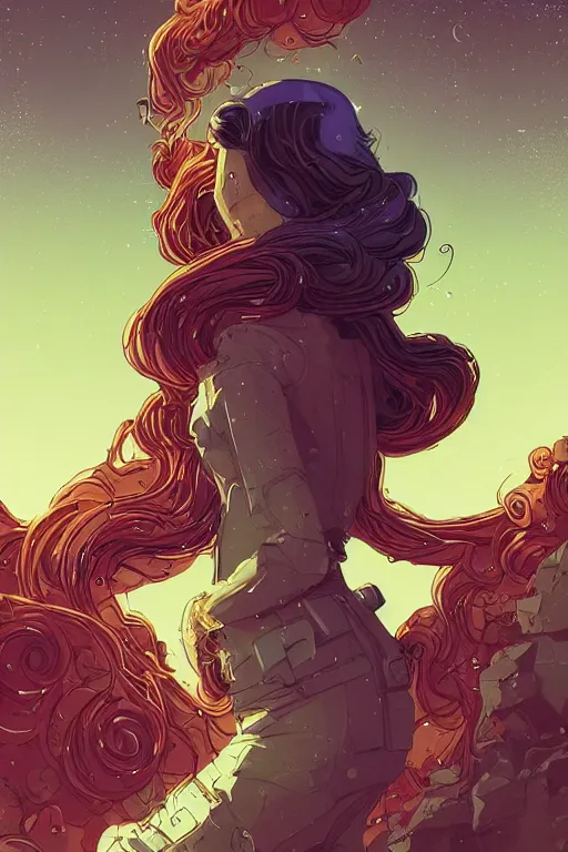 Prompt: a fancy portrait of sci - fi long curly blue haired lady, stray wiring by atey ghailan, james gilleard, by joe fenton, by greg rutkowski, by greg tocchini, by kaethe butcher, 4 k resolution, gradient red, orange, black and white color scheme!!! ( ( nebula dystopian city spiral background ) )