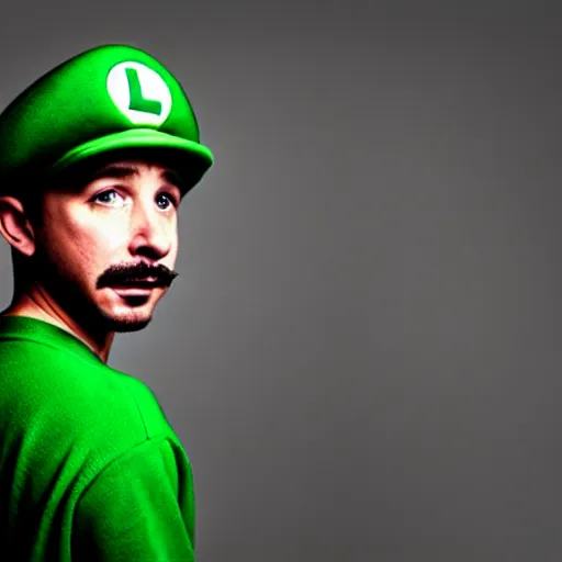 Image similar to uhd candid photo of hyperdetailed shia lebeuouf dressed as luigi. correct face, cinematic lighting, photo by annie leibowitz, and steve mccurry.