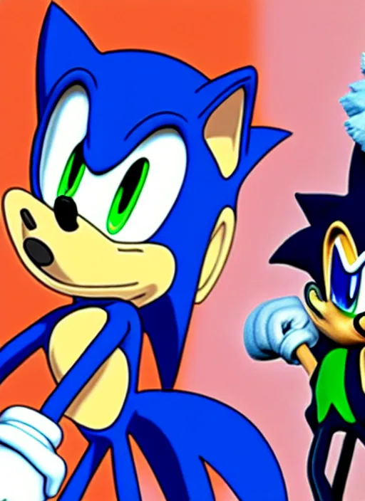 Image similar to sonic the hedgehog and jotaro kujo from jojo's bizarre adventure hanging out, photorealistic