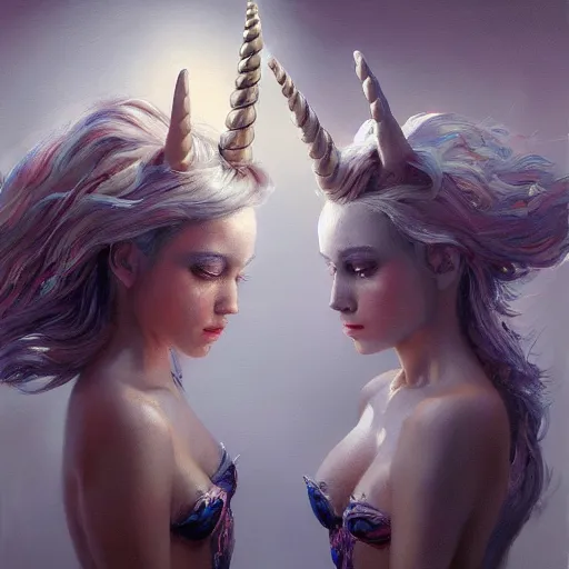 Prompt: expressive oil painting of two unicorns unicorn with two! heads!, seductive look, smirking, smooth, serious look, made from beads, glamour shot, by yoshitaka amano, by greg rutkowski, digital art, octane render, artstation, grunge aesthetic