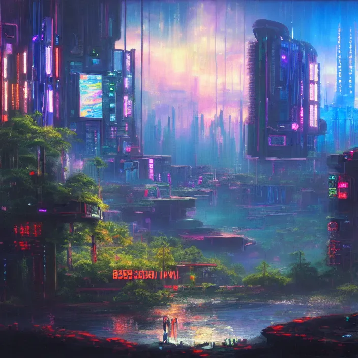 Image similar to a cyberpunk paradise, by bob ross, oil on canvas, 8 k