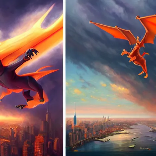 Image similar to charizard flying above new york, highly detailed matte fantasy painting, stormy lighting, by ross tran, by artgerm, by lisa frank, by brom, by peter mohrbacher