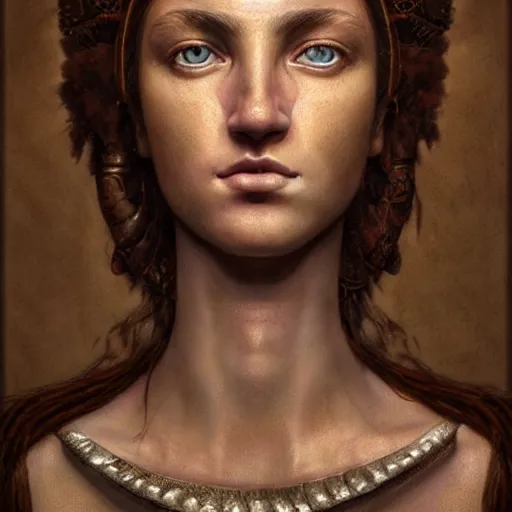 Image similar to hyperrealistic mixed media painting of beautiful goddess Athena, stunning 3d render inspired art by P. Craig Russell and Barry Windsor-Smith, perfect facial symmetry, dim volumetric lighting, 8k octane beautifully detailed render, post-processing, portrait, extremely hyper-detailed, intricate, epic composition, brown brown brown brown eyes, realistic realistic realistic eyes, cinematic lighting, masterpiece, trending on artstation, detailed detailed detailed, masterpiece, stunning