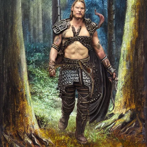 Image similar to travis fimmel in chainmail as a fantasy warrior, in the forest, oil painting, 8 k, high detail, heroic, dramatic, in the style of brom, book cover, award winning