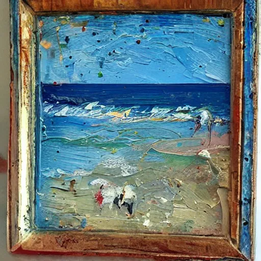 Image similar to oil paint impasto relief, beautiful italian beach scene, multi layered thick brush marks, some splattered paint, in the style of francis bacon and van gogh