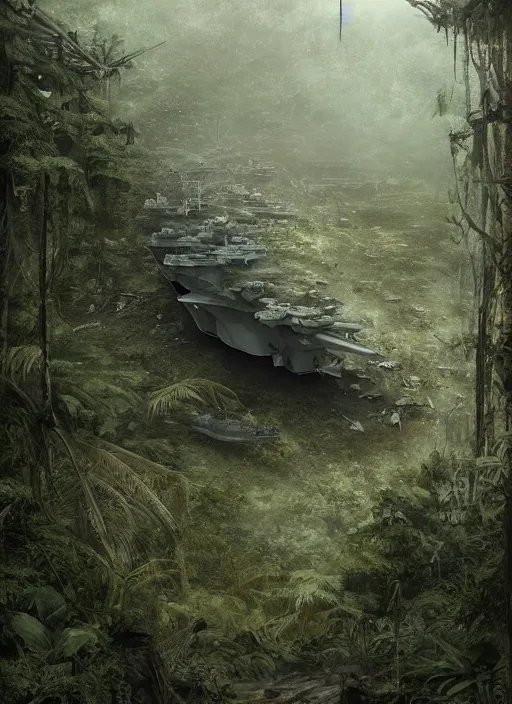 Image similar to aircraft carrier USS Nimitz overgrown with vegetation laying on the ground of a tropical forest, post appocalyptic, by Luis Royo, by Greg Rutkowski, dark, gritty, intricate, cover illustration, concept art, volumetric lighting, volumetric atmosphere, sharp focus, octane render, trending on artstation, 8k