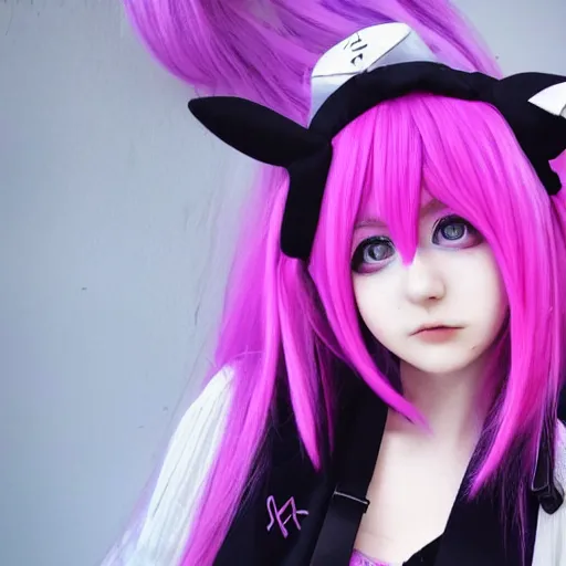 Prompt: aesthetic, e - girl, anime cosplay, cute, adorable, 4 k, hyper realistic, purple - pink hair, warmth, night - time, dark colors and hightlights, mood, - n 6