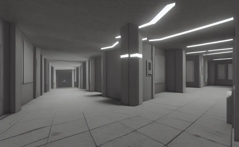 Prompt: screenshot of a first person shooter game on unreal engine 5, narrow modern hallways of a government office facility with white dry wall, psychedelic, photorealistic, retrofuturism, concept art, trending on artstation